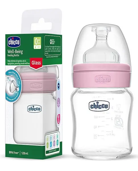 Chicco Well Being Glass Feeding Bottle Slow Flow Pink- 120 ml