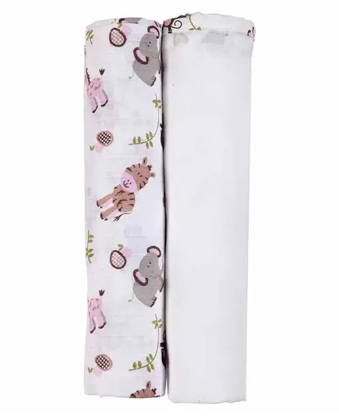 My Milestones 3 in 1 Muslin Swaddle Wrapper Pack of 2 (Size 41x41 Inches) Zoo Print - Pink & White
