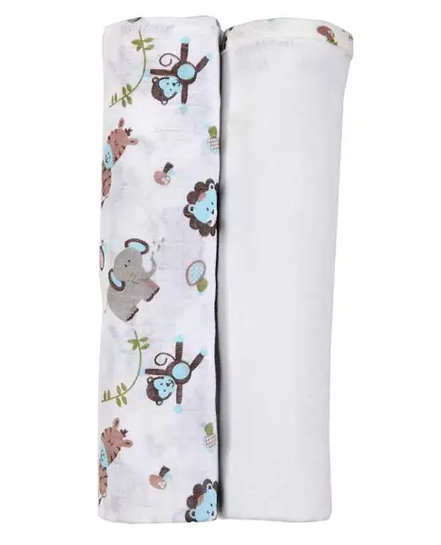 My Milestones 3 in 1 Muslin Swaddle Wrapper Pack of 2 (Size 41x41 Inches) Zoo Print - Blue & White