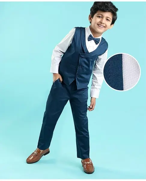 Mark & Mia Full Sleeves Solid Party Suit with Bow & Striped Waistcoat - Blue