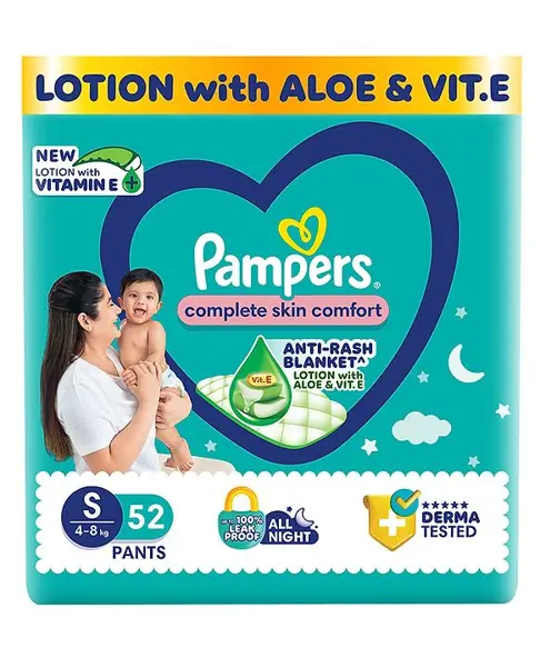 Pampers Complete Skin Comfort Pants  Anti-rash blanket  Lotion with Vitamin E & Aloe Vera  Small size baby Diapers  (s) 52 Count  4-8  kg