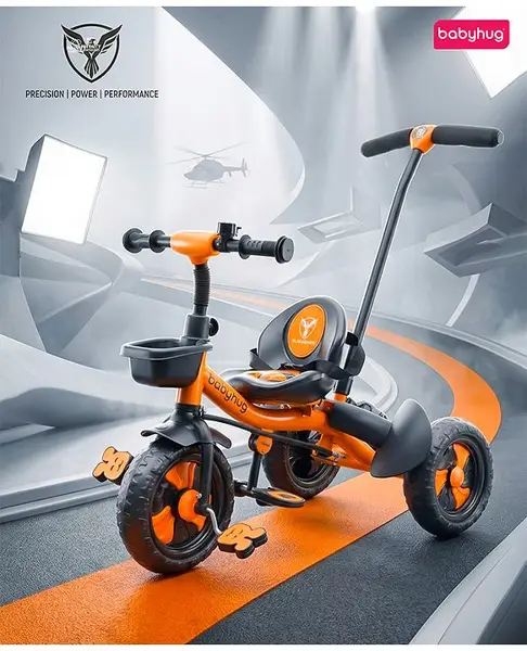 Babyhug Plug & Play Black Hawk Tricycle With Parental Push Handle & Storage Basket - Tiger Orange