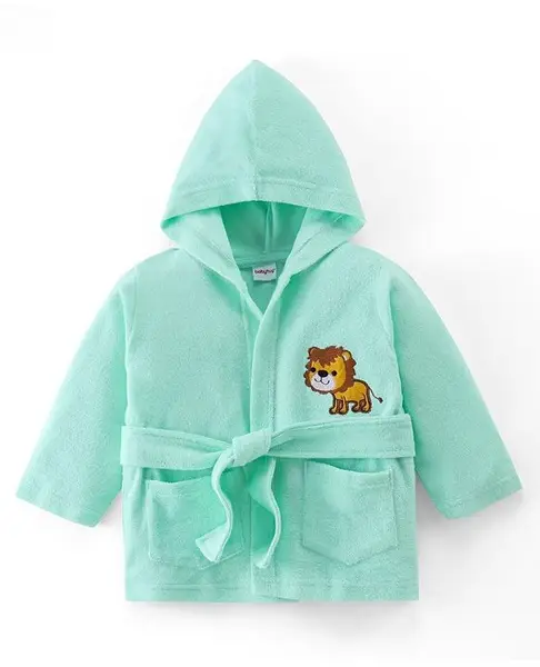 Babyhug Knit Terry Full Sleeves Hooded  Bath Robe with  Lion Patch - Blue