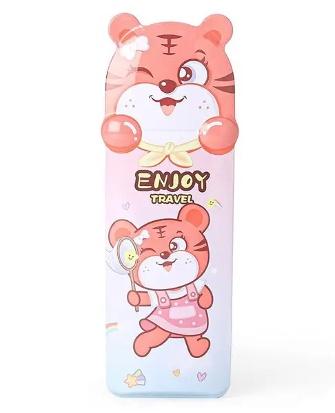 Tiger Face Double Layer Metal Pencil Box - Pink