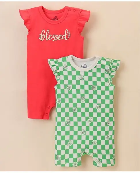 Doodle Poodle 100% Cotton Knit Frill Sleeves Rompers Checks Print Pack of 2 - Red & Green