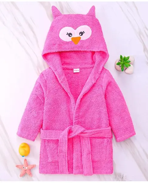 Babyhug Woven Terry Full Sleeves Hooded Bath Robe Owl Design - Pink