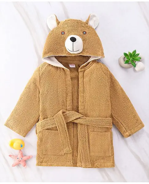 Babyhug Full Sleeves Hooded Bear Bath Robe With 3D Ears - Brown