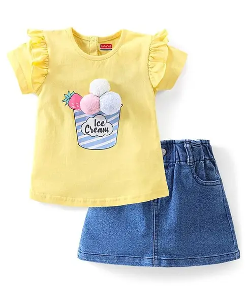 Babyhug Cotton Jersey Half Sleeves Top & Skirt Sets with Applique - Yellow & Light Blue