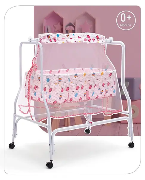 Babyhug Little Dreams Cradle with Mosquito Net & Wheels - Pink