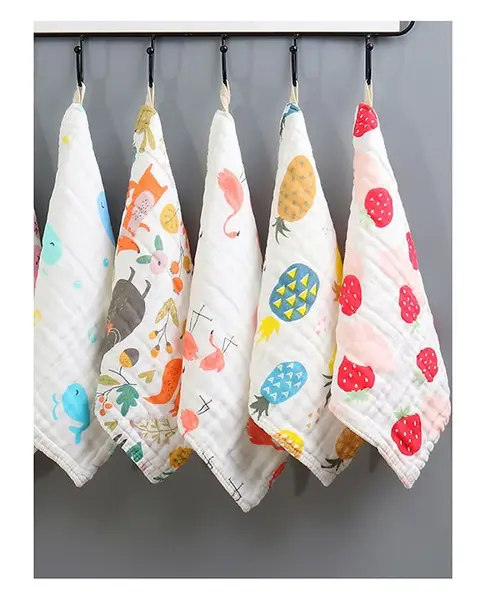 Elementary Premium 6 Layered Ultra Soft Muslin Cotton Wash Cloth Pack of 4 - (Colour & Print May Vary)