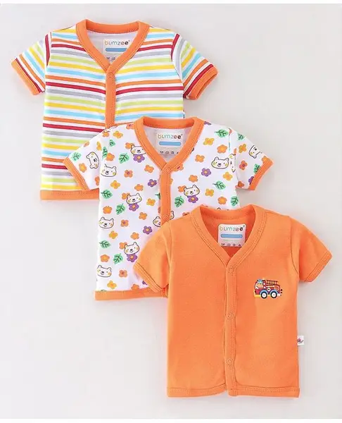 BUMZEE Pack Of 3 Half Sleeves Floral Bear Printed & Striped Jhablas- Orange & White