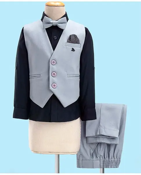 Robo Fry Cotton Full Sleeves Solid Party Suit With Waistcoat & Bow- Grey & Blue