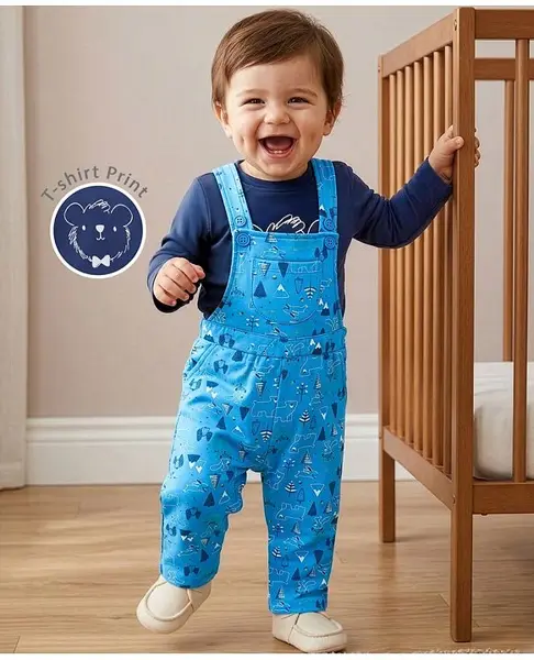 Babyoye 100%  Organic Cotton Dungaree & Full Sleeves Inner Tee with Eco-Jiva Finish Bear Print - Blue