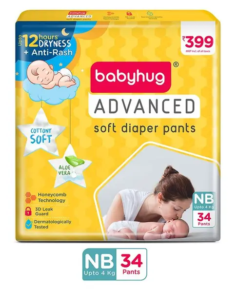 Babyhug Advanced Pant Style Diaper New Born (NB) - 34 Pieces  Honeycomb Technology  Cottony Soft Diaper with 3D Leak Guard  Latex & Alcohol Free  Anti-rash & Gentle