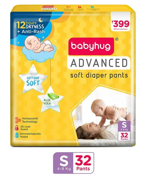Babyhug Advanced Pant Style Diaper Small - 32 Pieces  Honeycomb Technology  Cottony Soft Diaper with 3D Leak Guard  Latex & Alcohol Free  Anti-rash & Gentle