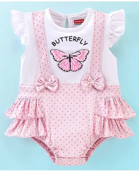 Babyhug 100% Cotton Half Sleeves Onesie with Bow Applique and Butterfly Print - Pink