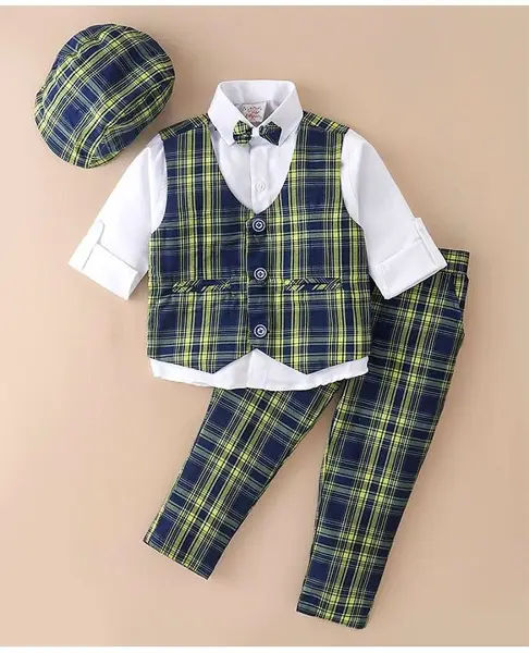 Rikidoos Full Sleeves Coordinating Checked 5 Piece Shirt & Bottom Set - Navy Blue & White