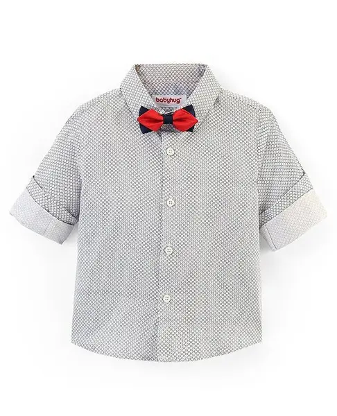 Babyhug Full Sleeves Party Wear Shirt with Bow Checks Print - White