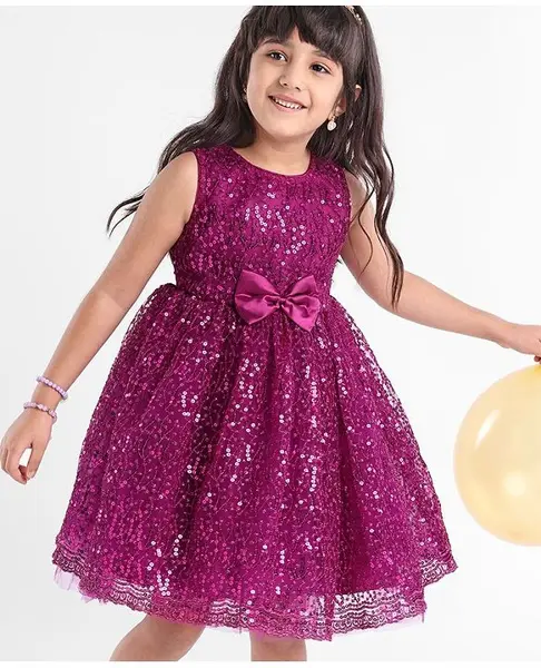 Babyhug Sleeveless Sequin Embroidered Party Frock - Dark Pink