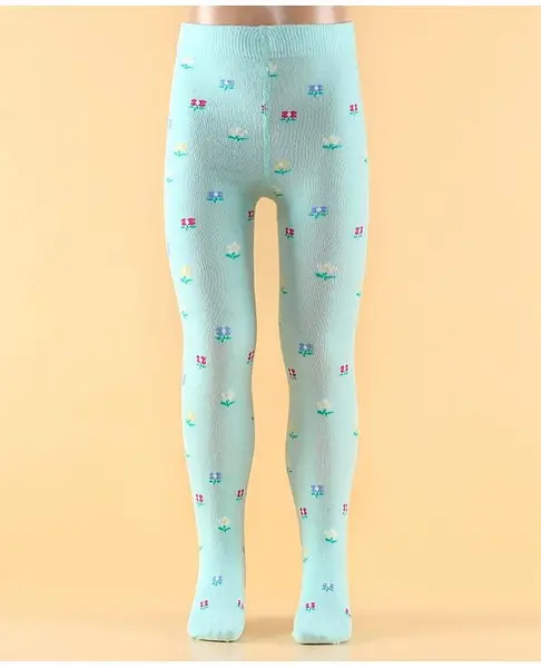 Mustang Full Length Cotton Footed Tights with Floral Design - Mint Blue