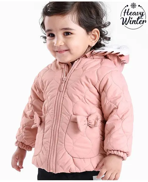 Babyoye Woven Full Sleeves Padded Hood Sherpa Lined Jacket With Solid Colour - Peach