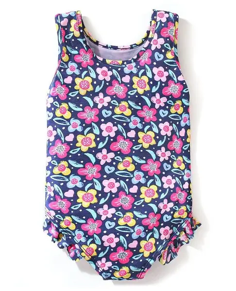 Babyhug Sleeveless V Cut Swimsuit Floral Print - Black