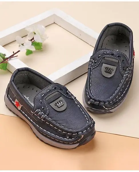 Cute Walk By Babyhug Slip On Solid Formal & Partywear Shoes With Crown Applique - Blue