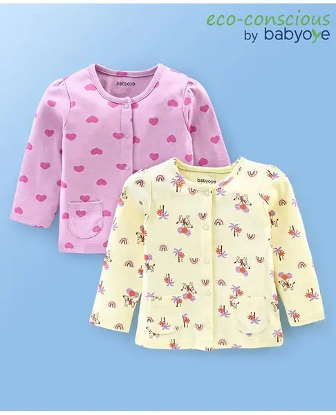 Babyoye Eco Conscious 100% Cotton Full Sleeves Vests Hearts and Rainbow Print Pack  of 2 - Pink & Yellow