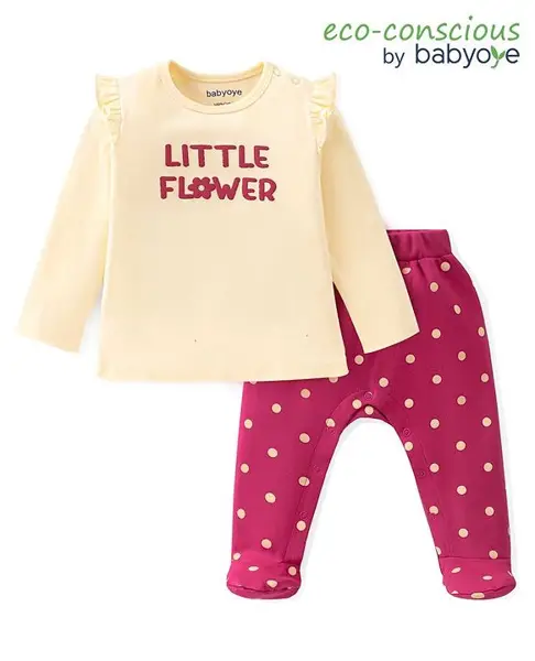 Babyoye Eco Conscious 100% Cotton Full Sleeves Text Printed Top & Bootie Leggings Set - Peach & Pink