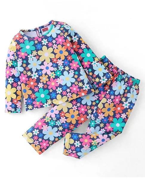 Babyhug Single Jersey Cotton Knit Full Sleeves Night Suit Floral Print - Navy
