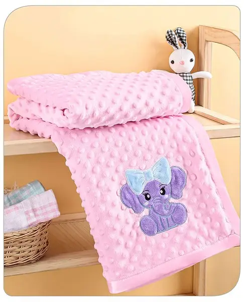 Babyhug Velvet Elephant Embroidered Lightweight Bubble Blanket - Pink