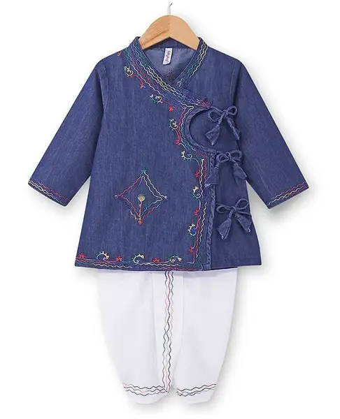 Babyhug 100% Cotton Woven Full Sleeves Angarakha Embroidered Kurta & Dhoti Set - Navy Blue