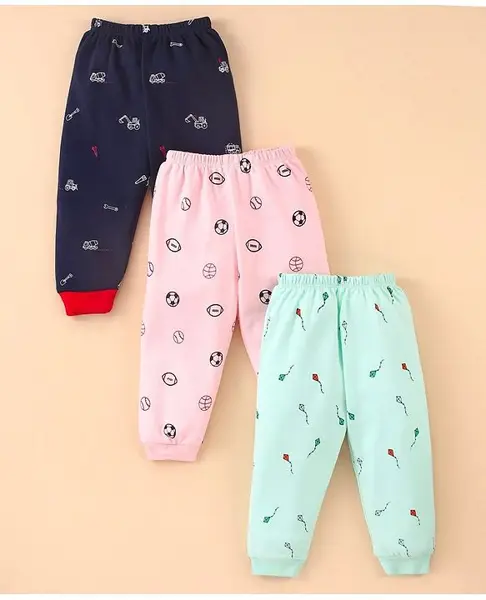 Mini Donuts Cotton Full Length Lounge Pants Kite & Football Print Pack Of 3 - Blue Peach & Green