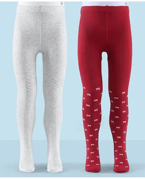 Honeyhap Premium Cotton Super Soft Stretchable Self Knitted  Tights with Silvadur Finish Pack of 2 - Ecru Melange & Savvy Red