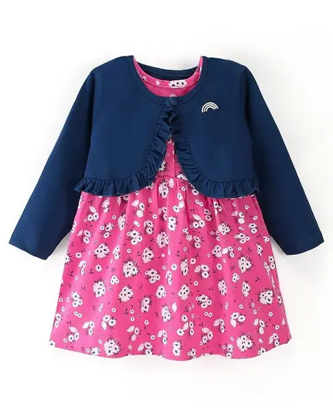 Doodle Poodle 100% Cotton Frock With Full Sleeves Shrug Floral Print - Pink & Blue