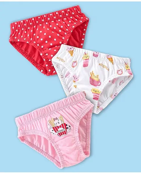 Babyhug 100% Cotton Panties Dot & Kitty Print Pack of 3- Red Pink & White