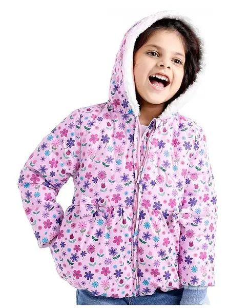Babyhug Full Sleeves Woven Hoodie with Pockets Floral Print - Pink