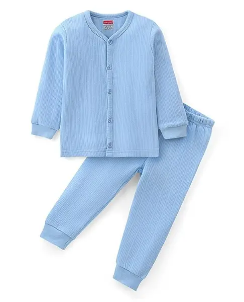Babyhug Cotton Full Sleeve Vest & Legging Thermal Wear Solid Colour - Blue
