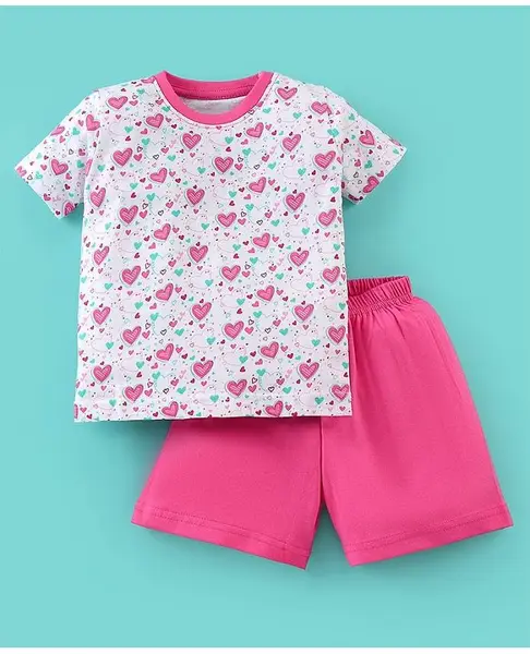 BUMZEE Half Sleeves Hearts Printed Tee & Short Set - White & Pink