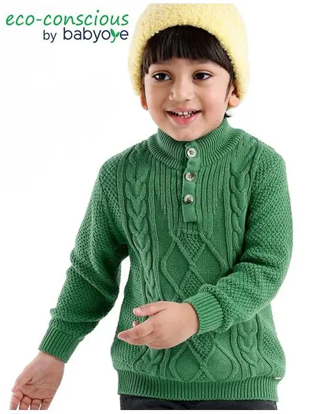 Babyoye 100% Cotton Knit Full Sleeves Textured Pullover Sweater With Cable Knit Design - Green