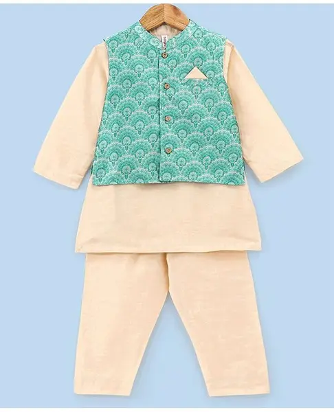 Babyhug 100% Cotton Woven Full Sleeves Solid Kurta Pyjama Set with Floral Printed Jacket - Beige