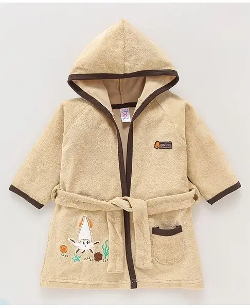 Babyhug Cotton Terry Knit Full Sleeves Hooded Bath Robe Marine Life Embroidery - Beige