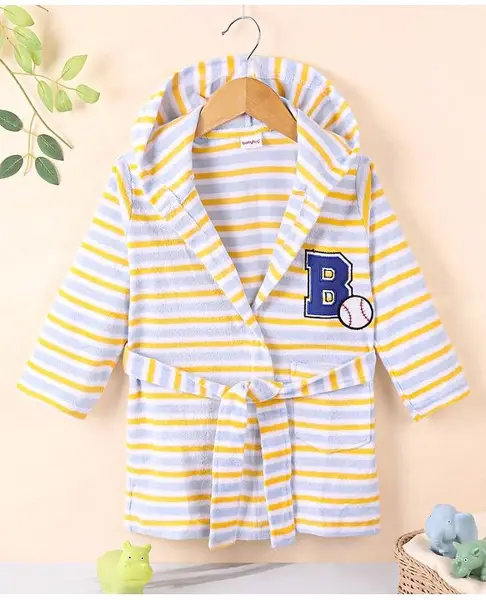 Babyhug Cotton Terry Knit Full Sleeves Striped Hooded Bath Robe Ball Patch - Yellow Green & White