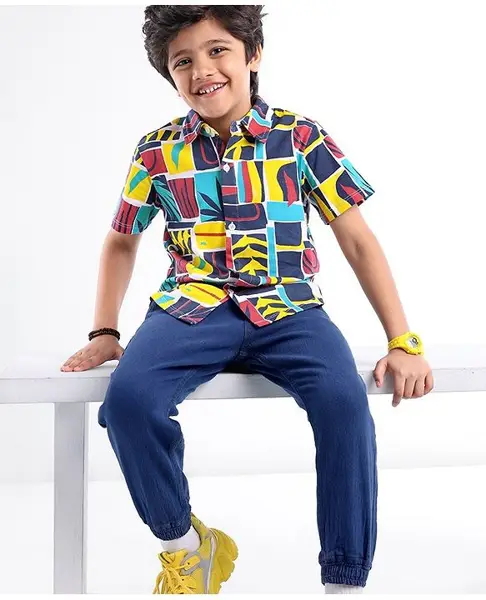 Ollington St. 100% Cotton Half Sleeves Shirt & Denim Joggers Set All Over Print - Multicolour