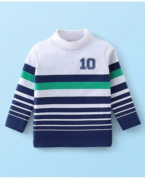 Babyhug Cotton Knit Full Sleeves Striped & Numeric Graphic T-Shirt - Navy & White Melange