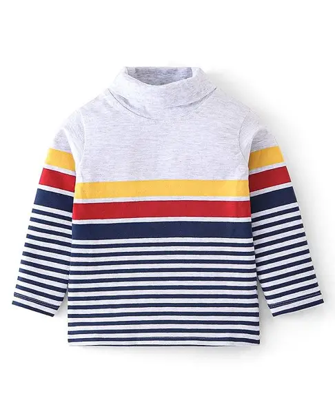 Babyhug Cotton Knit Full Sleeves Striped Skivi T-Shirt - Grey