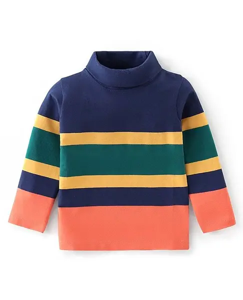 Babyhug Cotton Knit Full Sleeves Striped Skivi T-Shit - Navy Blue & Orange