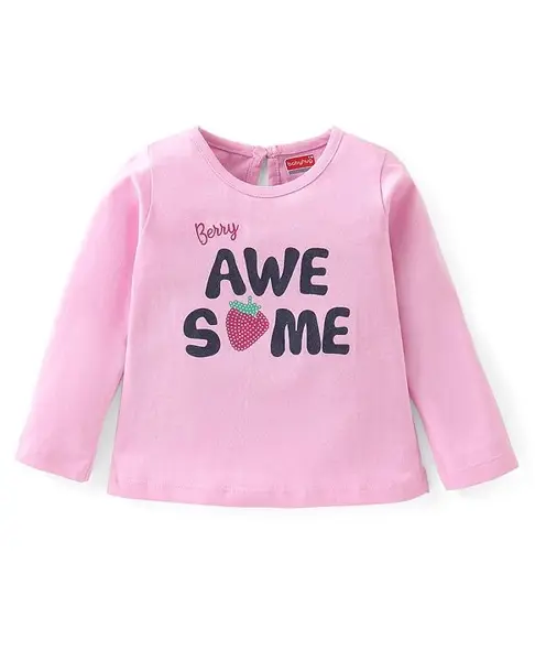 Babyhug 100% Cotton Knit Full Sleeves Text & Strawberry Graphic T-Shirt - Pink