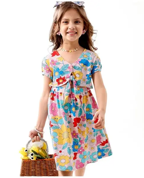 Babyhug 100% Cotton Half Sleeves Frock With Floral Print - Pink