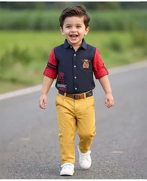 ToffyHouse Cotton Full Sleeves Text Print Shirt & Pant Set with Belt - Navy Blue & Beige